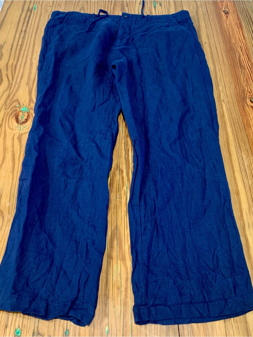 BENSON NYC Mens XL 100% Linen Drawstring Pants Navy Blue Wide Leg Beach Casual